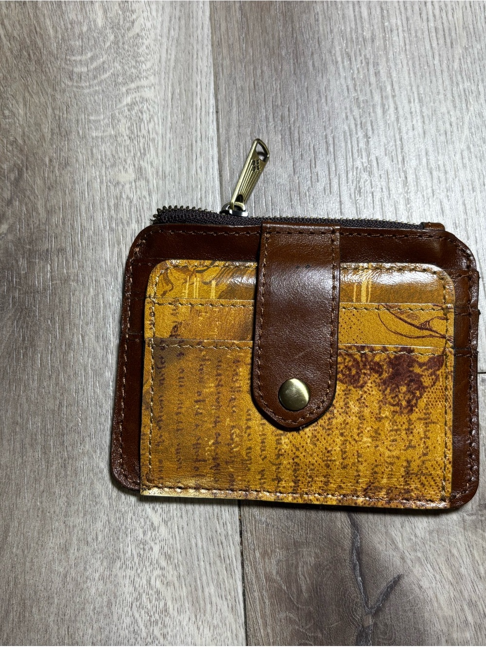 Patricia Nash Brown and Mustard Yellow Leather Zip Card Wallet
